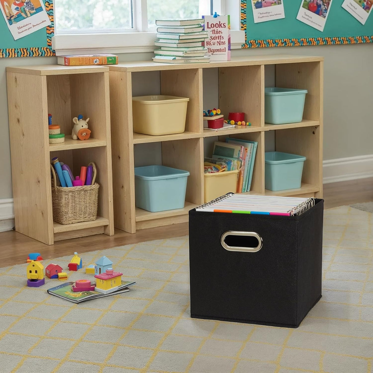 Household Essentials Foldable Fabric Storage Bins 6 Piece Set, Strong Poly-Woven Fabric, Sturdy Chipboard Sides, Grommet Front Handle, Stackable, Classic Design, Black