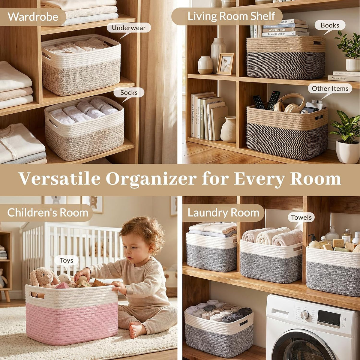 OIAHOMY 4 Pack Storage Basket, 13"x9"x7.8" Cotton Rope Baskets for Shelves, Closet Organizer for Bedroom & Living Room, Soft Decorative Bins for Organizing Towels, Books & Toys, Brown & White