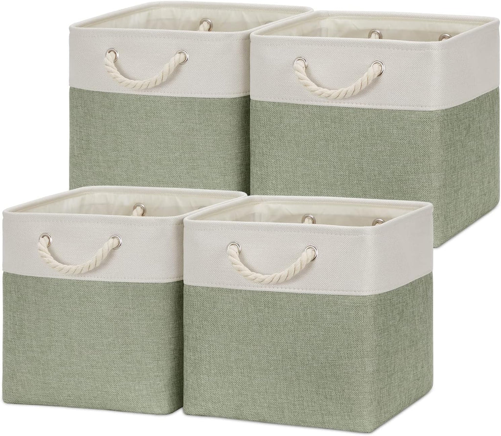 Temary Cube Storage Baskets for Shelves 12 Inch Storage Cubes 4pack Fabric Storage Baskets for Organizing Clothes, Closet Basket with Rope Handles for Home (White&Green)