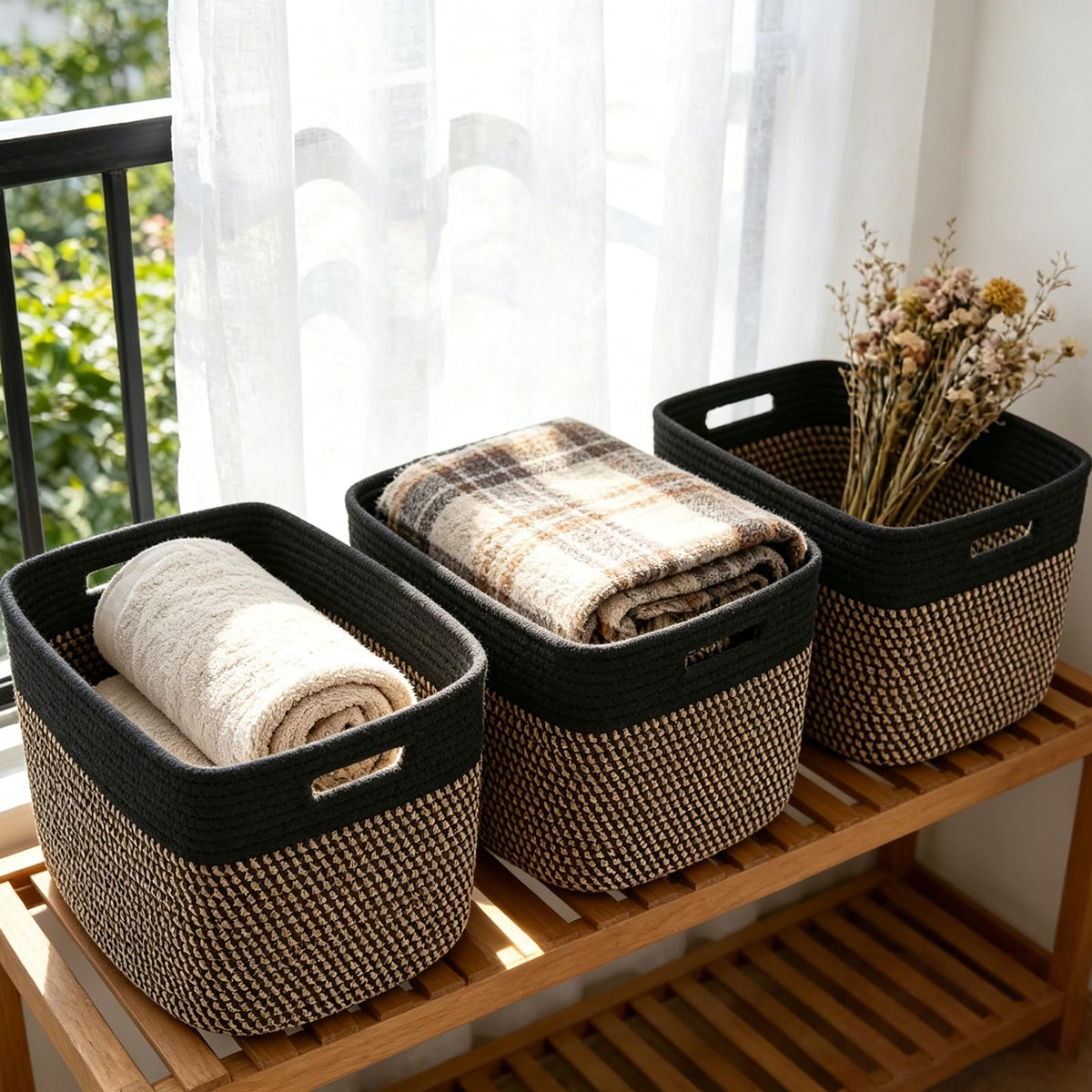3 Pack Woven Baskets,Storage Baskets for Shelves with Handles