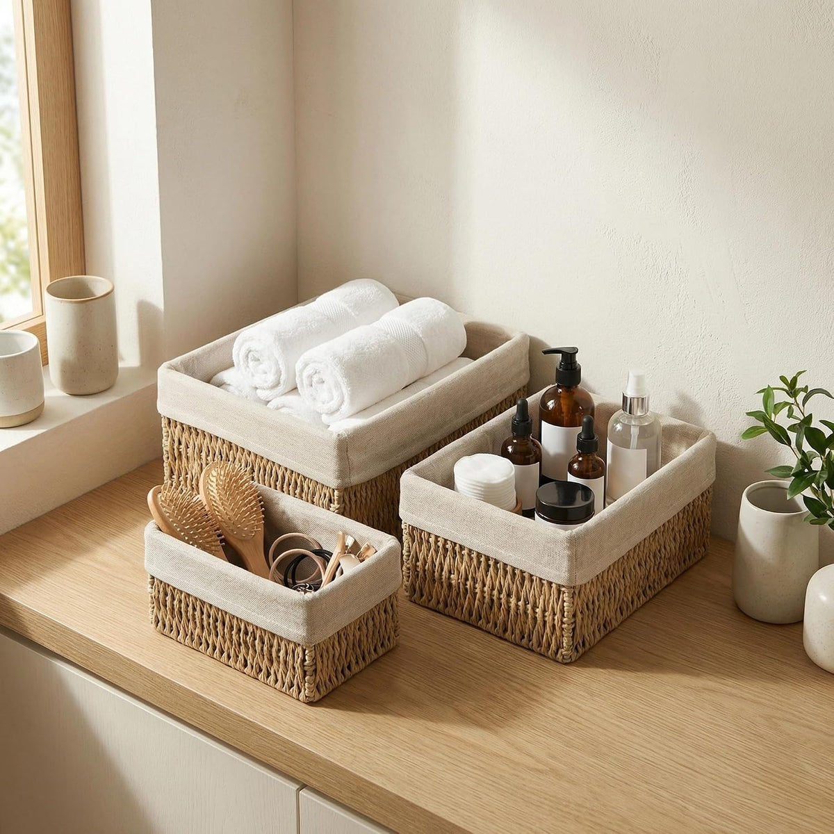 Wicker Storage Baskets Set of 3, Bathroom & Shelf Bins