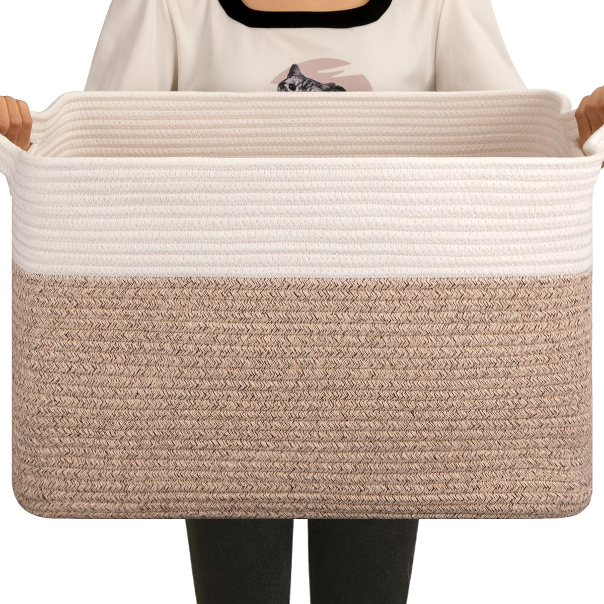OIAHOMY Large Blanket Basket, 65L Cotton Rope Woven Laundry Basket, Toy Bin for Baby Room, Container for Blanket Storage in Living Room, 20''×16''×12'', Gradient Brown