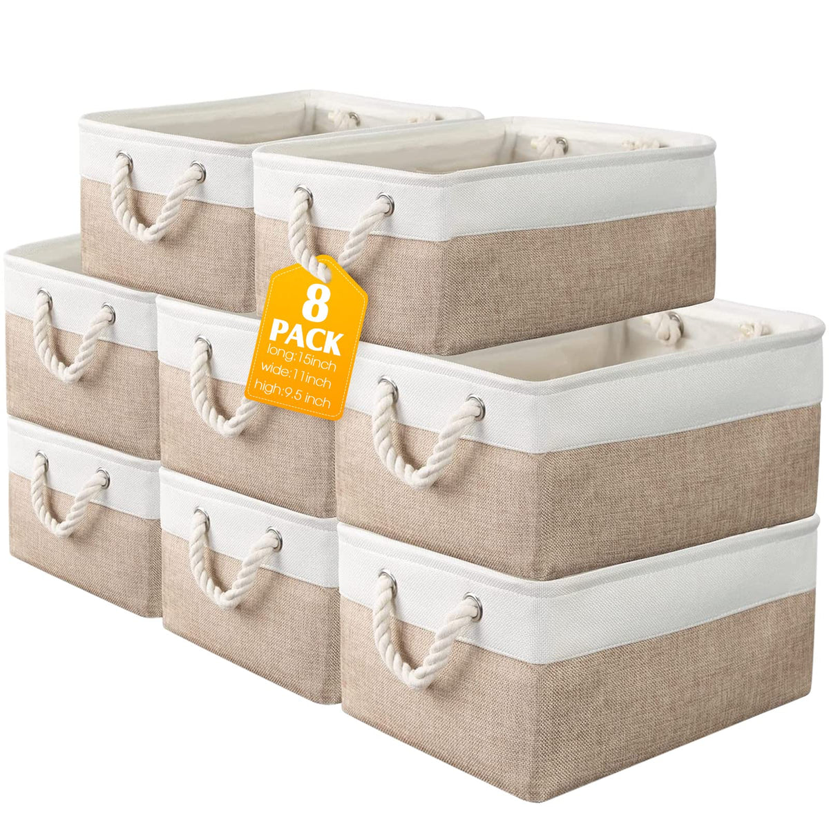meekoo 8 Pack Fabric Storage Bins Baskets, 15 x 11 x 9.5 in, Gray White
