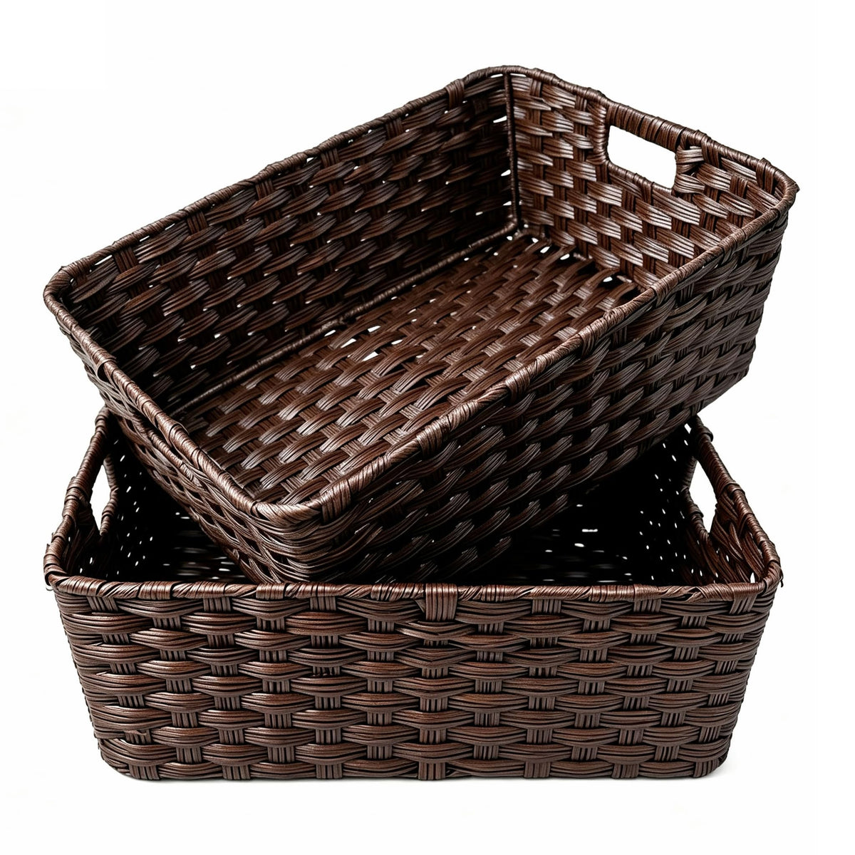 Onlytak Large Wicker Storage Basket, Metal Frame, Set of 2, Washable Waterproof, 15" x 10.3" x 5.2", Brown Color, Woven Basket for Pantry, Toilet, Bathroom, Bedroom, Patio