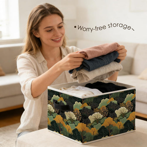 Abstract Boho Forest Tree Storage Bins Box with Handles, Whimsical Vintage Oriental Botanical Foldable Basket Toybox for Bedroom Bathroom Laundry Room Home Clothes Toys Books