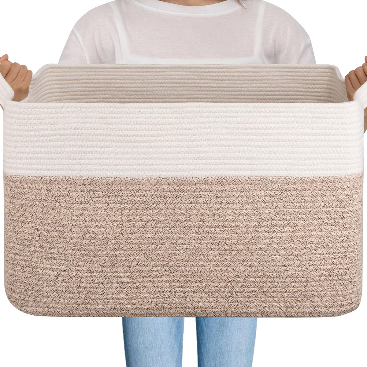 OIAHOMY Large Blanket Basket, 65L Cotton Rope Woven Laundry Basket, Toy Bin for Baby Room, Container for Blanket Storage in Living Room, 20''×16''×12'', Gradient Brown