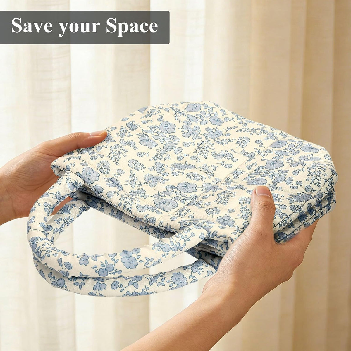 Small Storage Basket Organizer, Mini Fabric Floral Storage Baskets with Handle, Quilted Portable Collapsible Storage (Blue Floral)