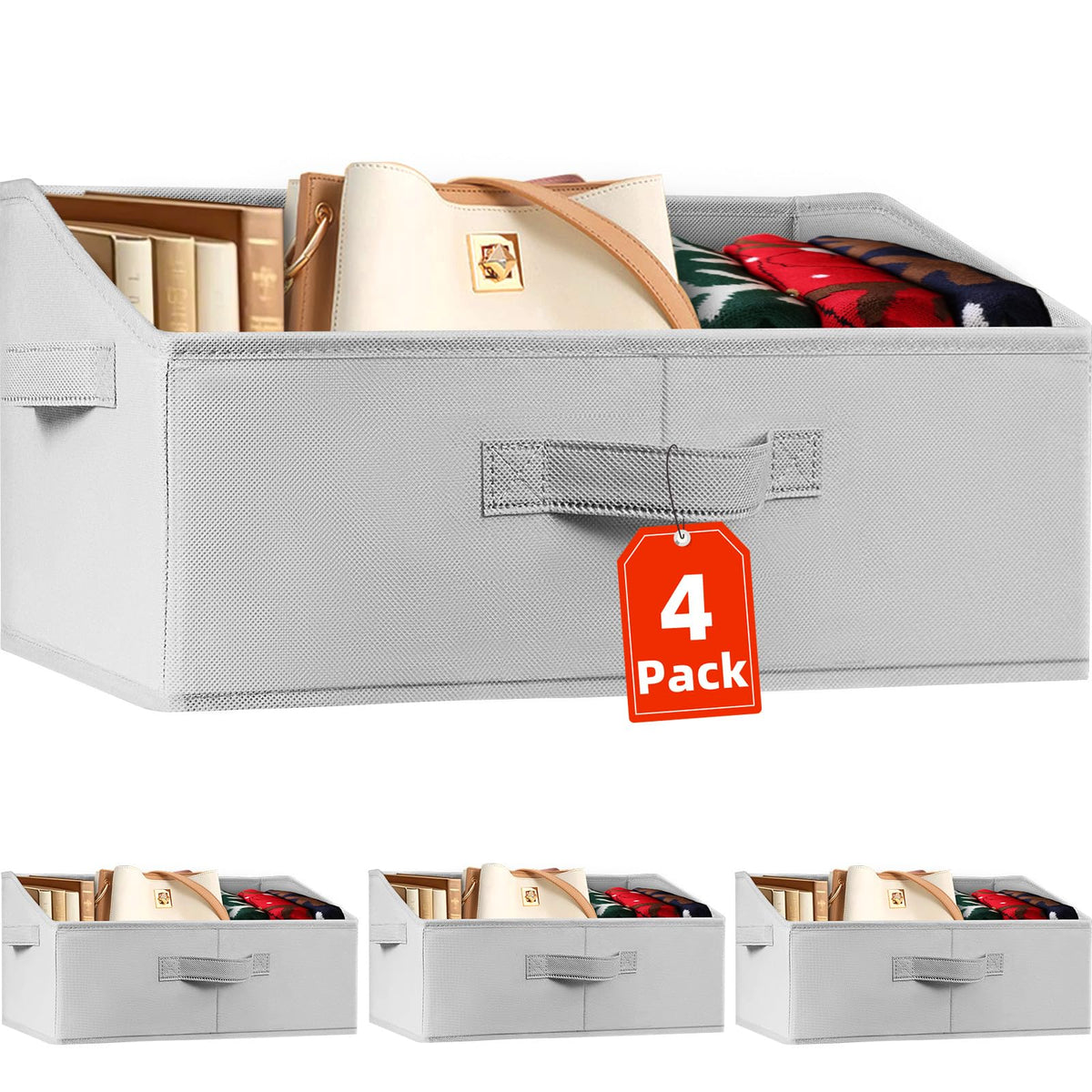 Criusia Closet Organizers Bins 4 Pack - Large Collapsible Shelf Organizer with Handles - Fabric Trapezoid Home Organization and Storage Baskets for Organizing Clothes Toy Blanket Towel Purse Hats