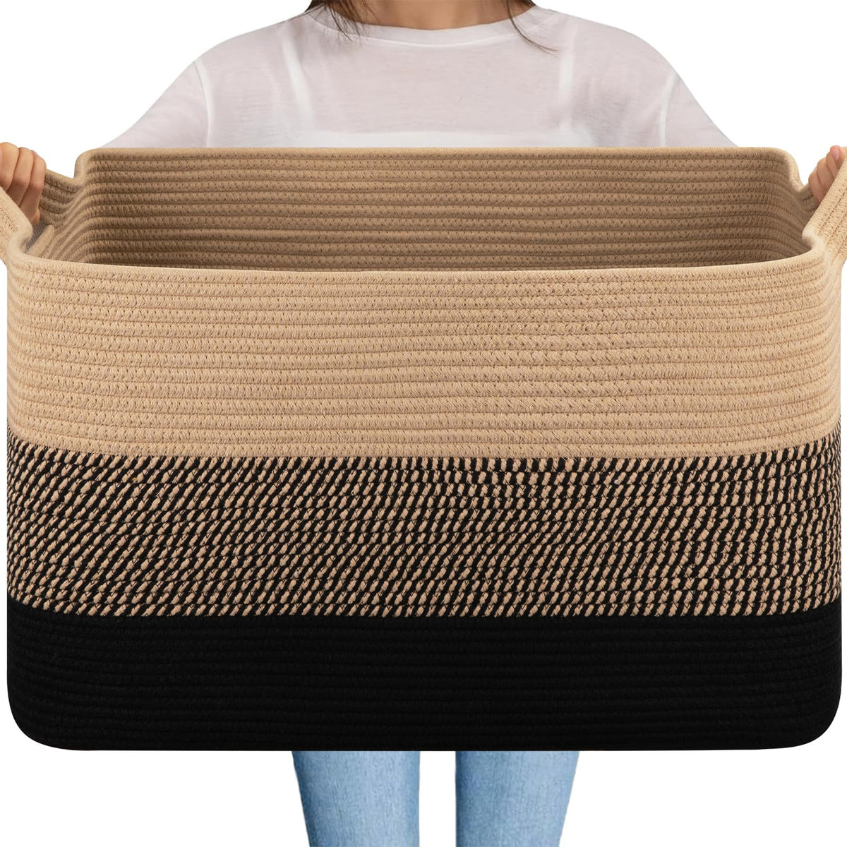 OIAHOMY Large Blanket Basket, 65L Cotton Rope Woven Laundry Basket, Toy Bin for Baby Room, Container for Blanket Storage in Living Room, 20''×16''×12'', Gradient Brown