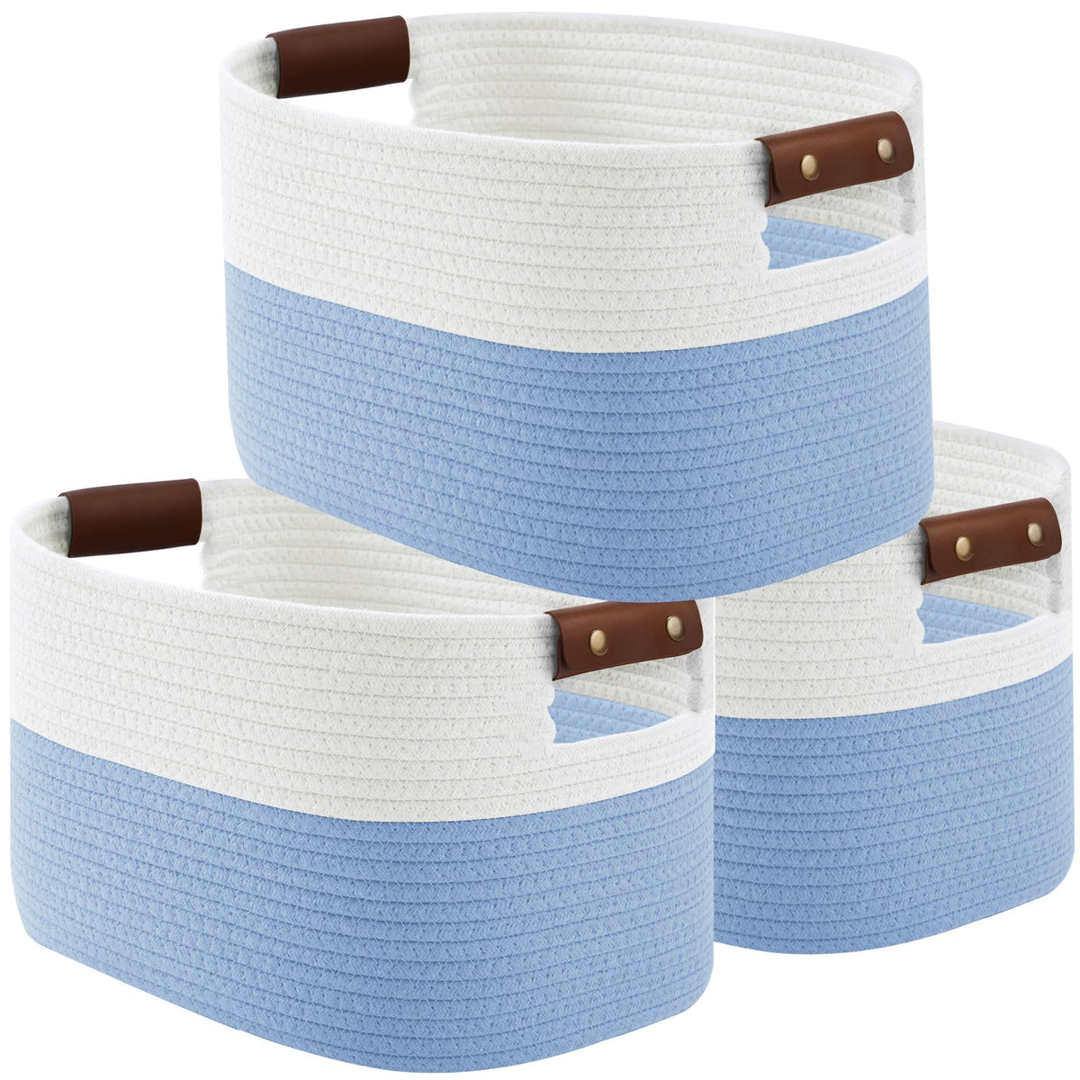 ECDYQXVU 15x10x9 Woven Cotton Rope Storage Basket, Leather Handles 1 Pack