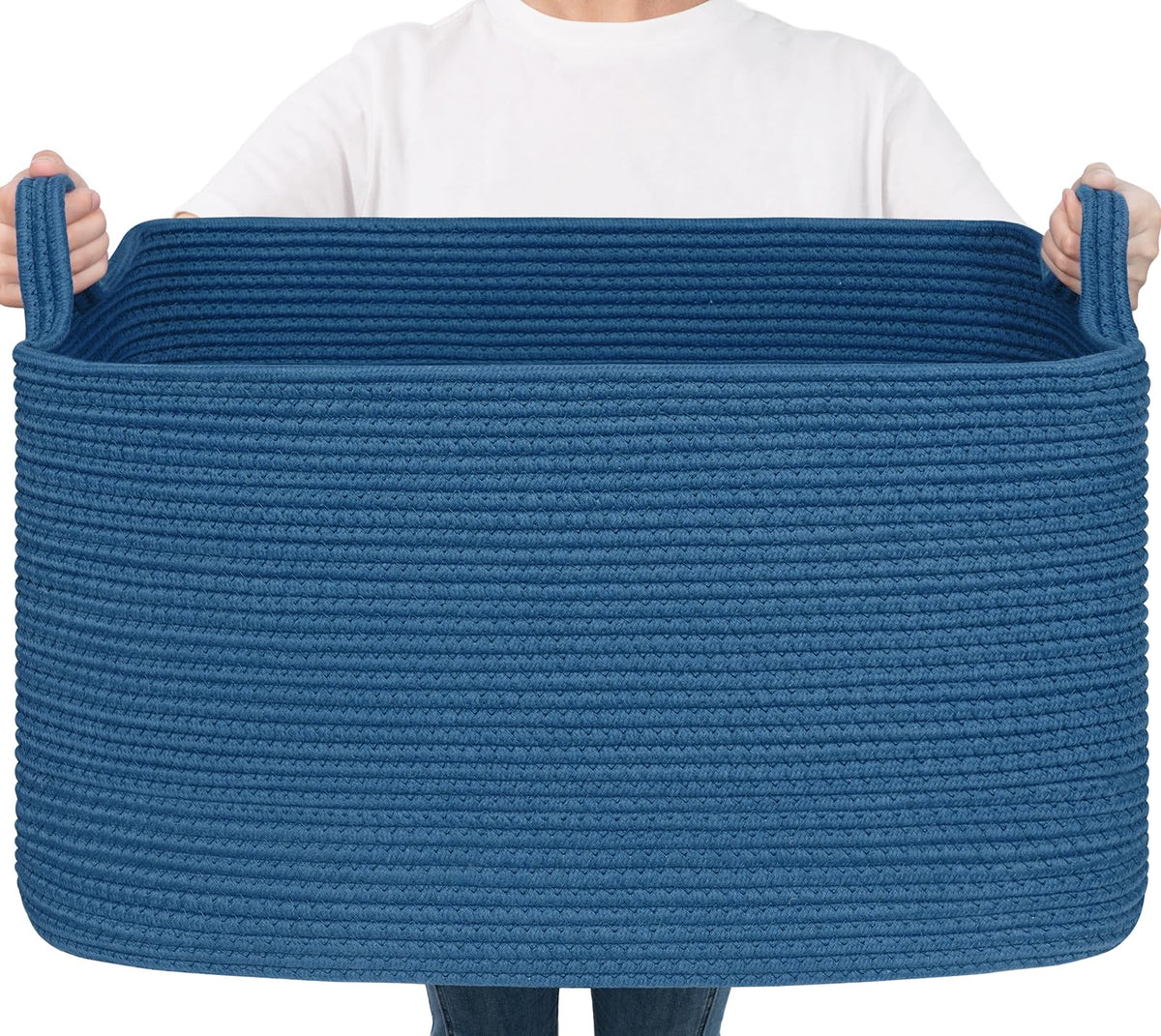 Goodpick Large Woven Rope Blanket Basket, Rectangle, White & Light Brown