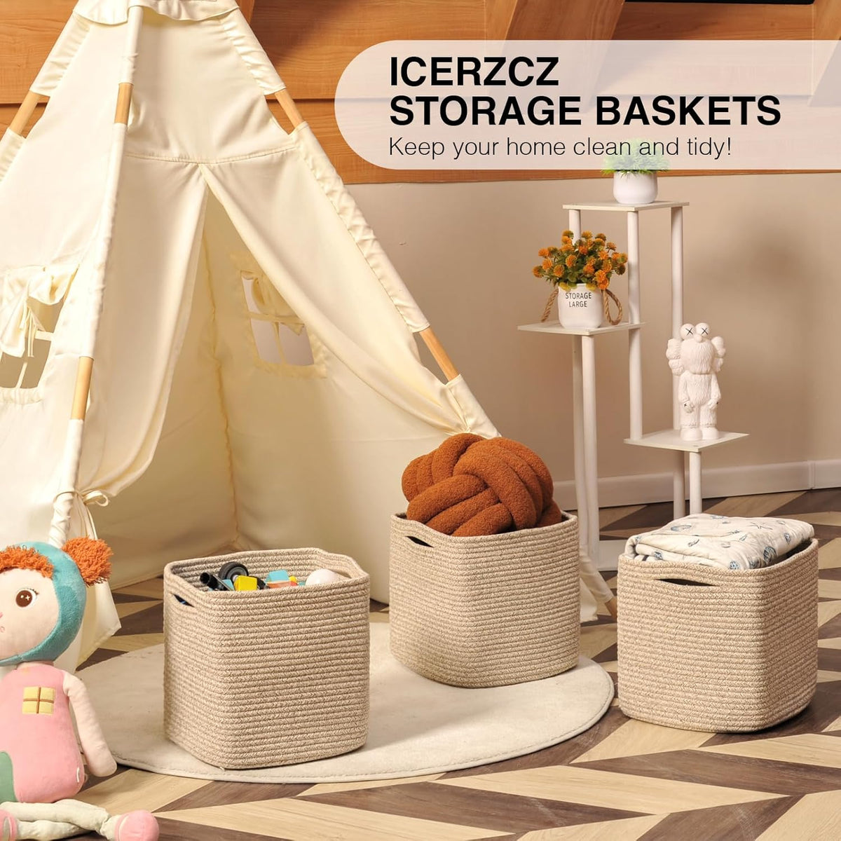 ICERZCZ 11 Inch Cube Storage Bins, Woven Baskets, Mixed Brown, Pack of 3
