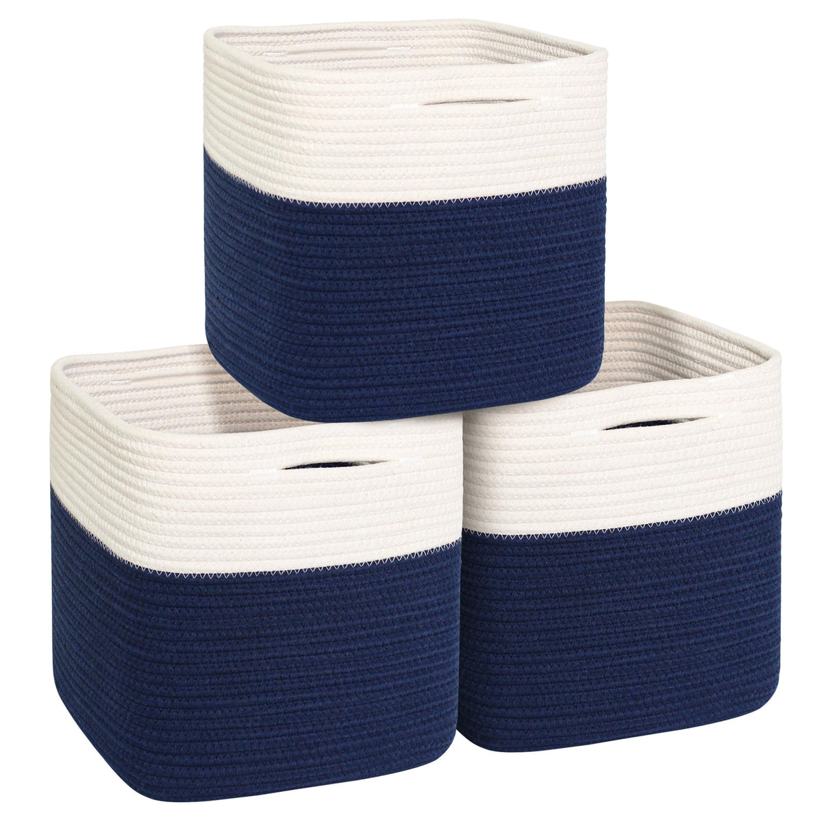 11x11 Cube Storage Bin - 3 Pack Woven Storage Cubes Organizer, 11 Inch Cotton Rope Baskets for Organizing, Square Baskets for Shelves, Baby Nursery Closet Bins, Cubby Toy Box Organizer