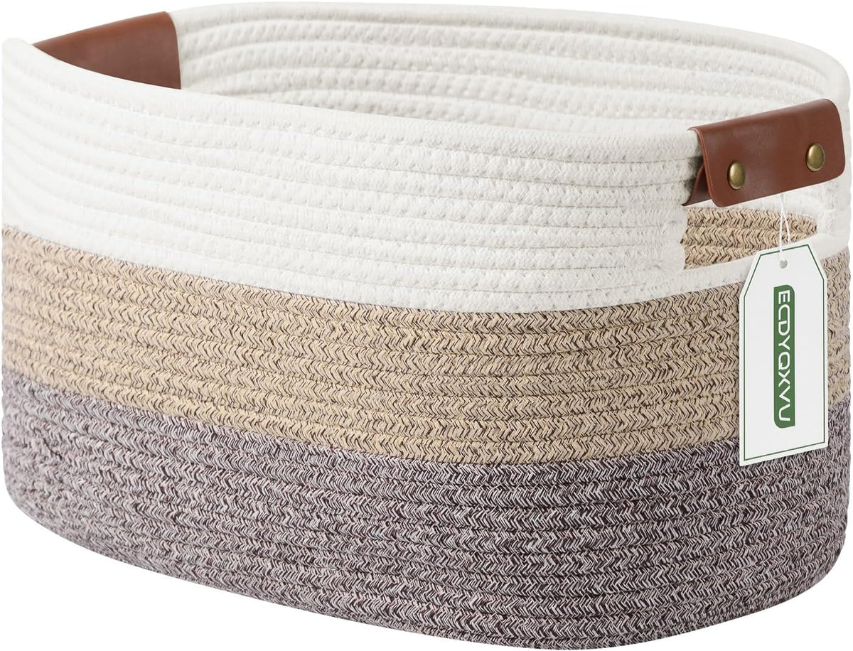 ECDYQXVU 15x10x9 Woven Cotton Rope Storage Basket, Leather Handles 1 Pack