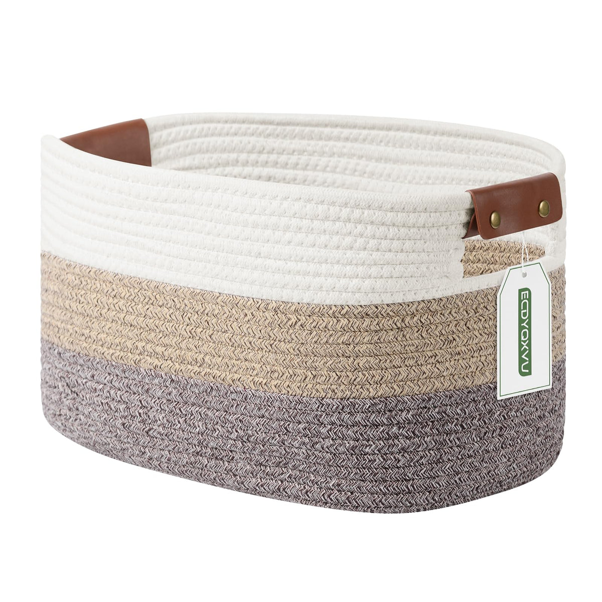 ECDYQXVU 15x10x9 Woven Cotton Rope Storage Basket, Leather Handles 1 Pack