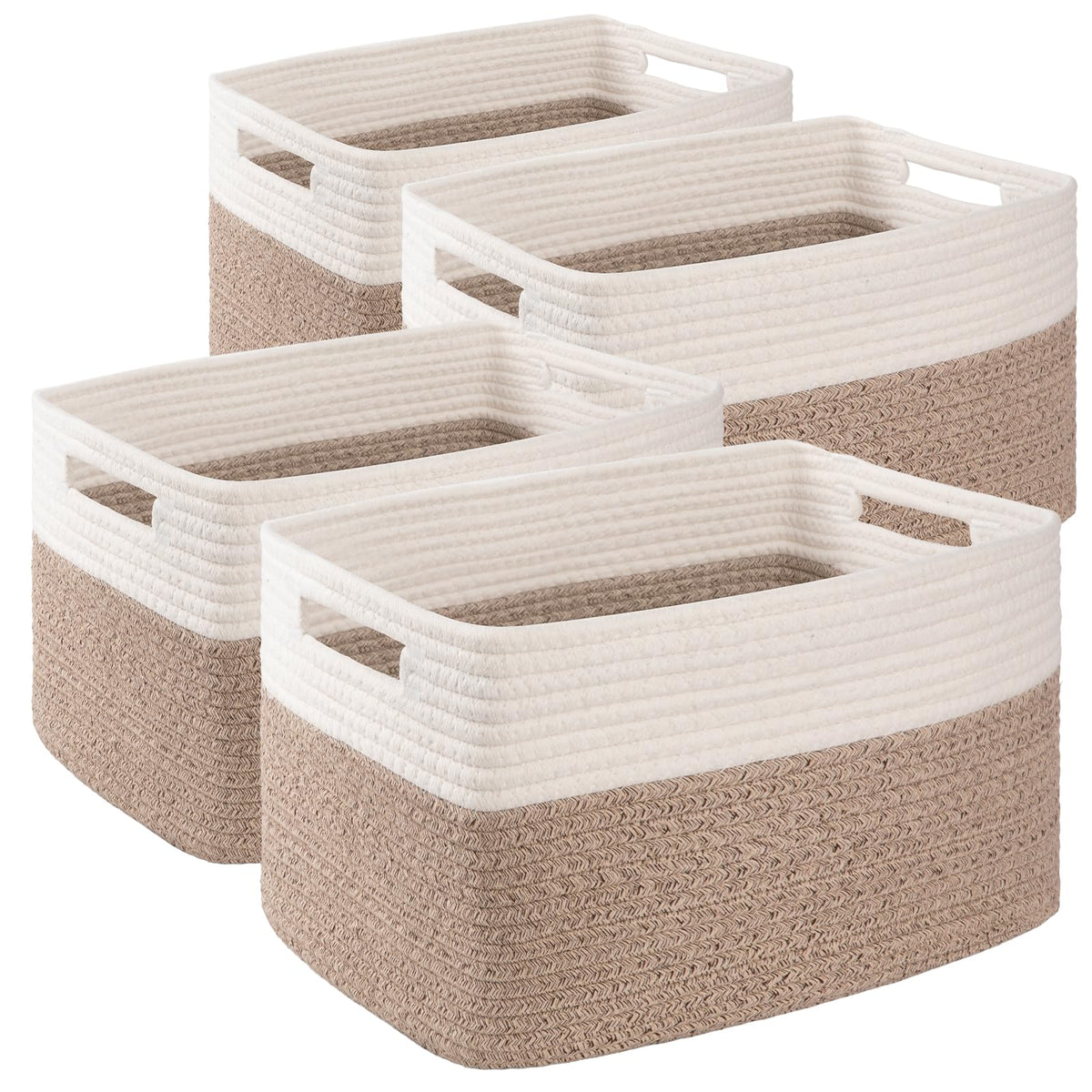4 Pack Storage Baskets for Organizing, Woven Baskets for Shelves - Perfect for Toys, Books, Towels, and Clothes, Durable Gift Basket Bins Toy Storage, 12.7''Lx9''Wx7.8''H, Brown & White