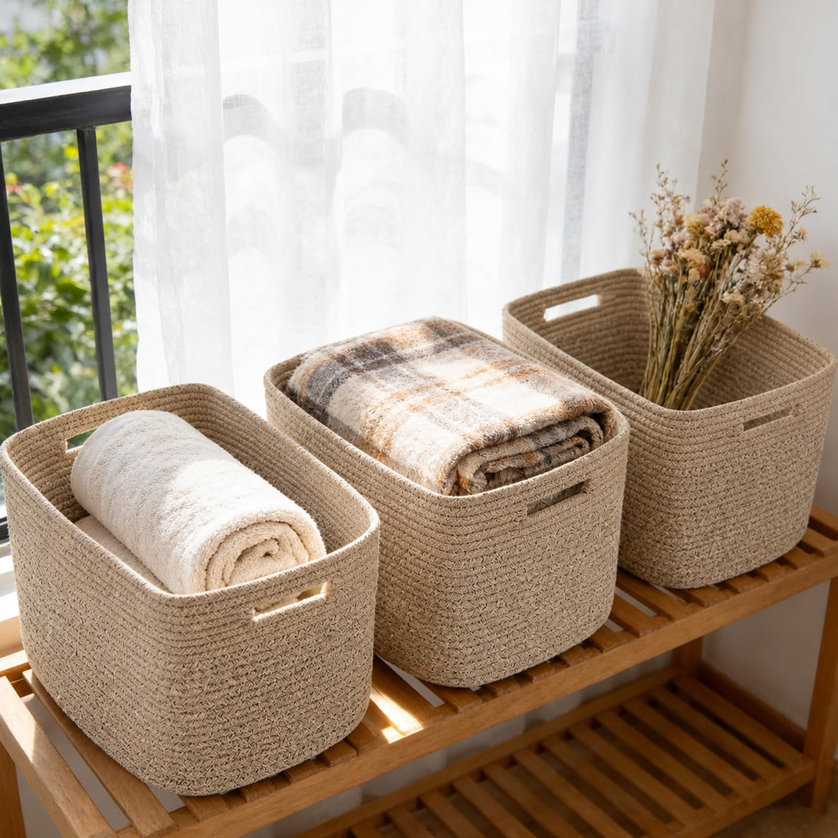 3 Pack Woven Baskets,Storage Baskets for Shelves with Handles