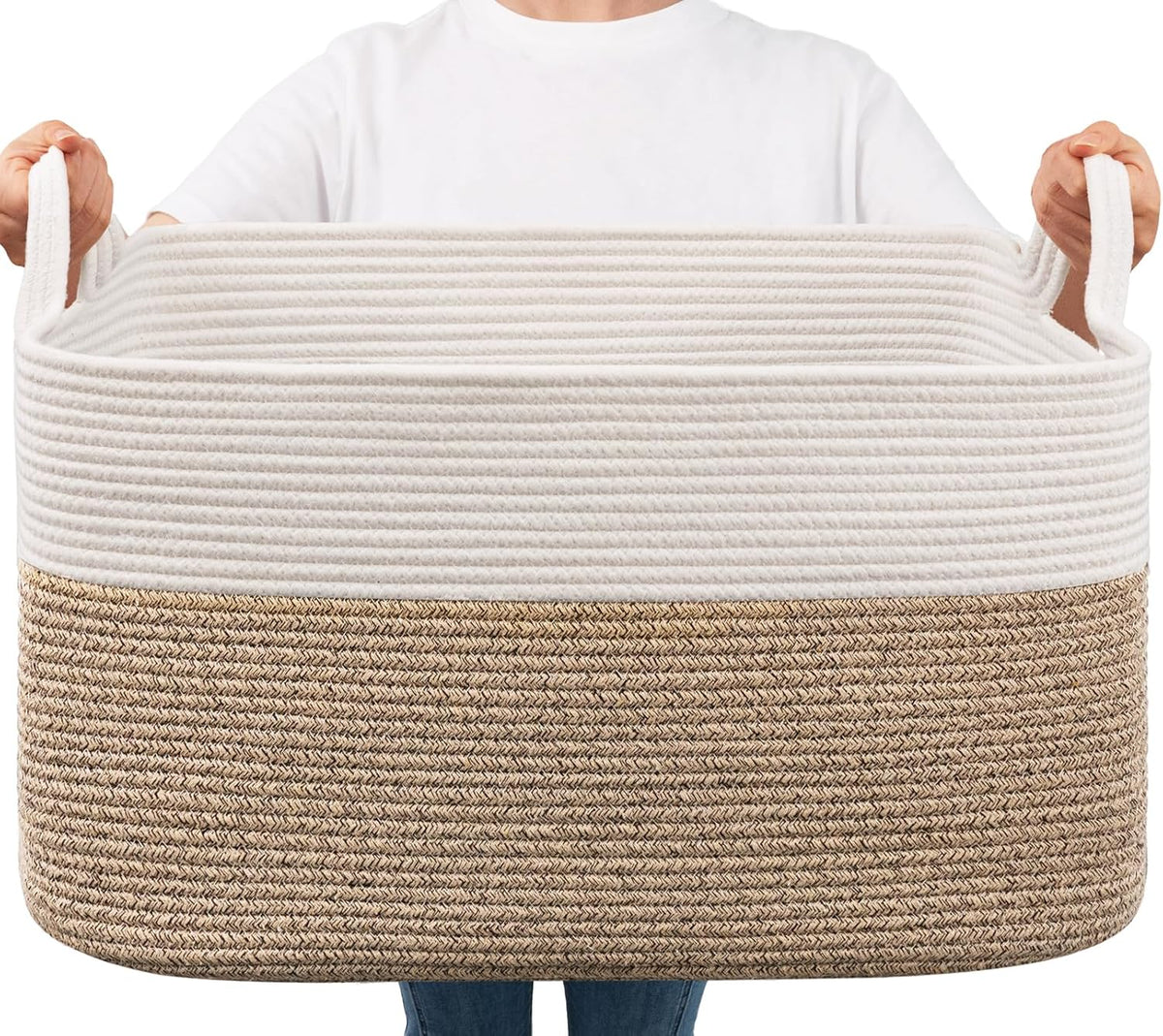 Goodpick Large Woven Rope Blanket Basket, Rectangle, White & Light Brown