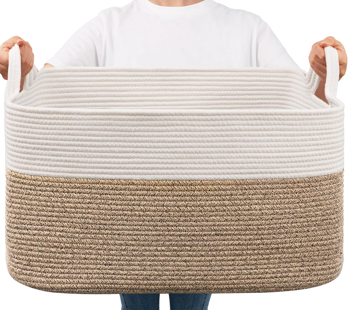 Goodpick Large Woven Rope Blanket Basket, Rectangle, White & Light Brown