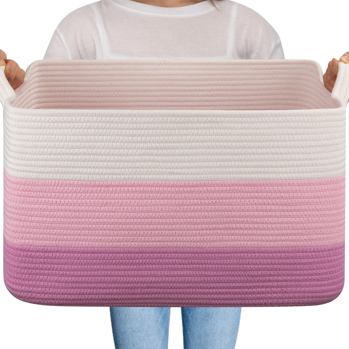OIAHOMY Large Blanket Basket, 65L Cotton Rope Woven Laundry Basket, Toy Bin for Baby Room, Container for Blanket Storage in Living Room, 20''×16''×12'', Gradient Brown