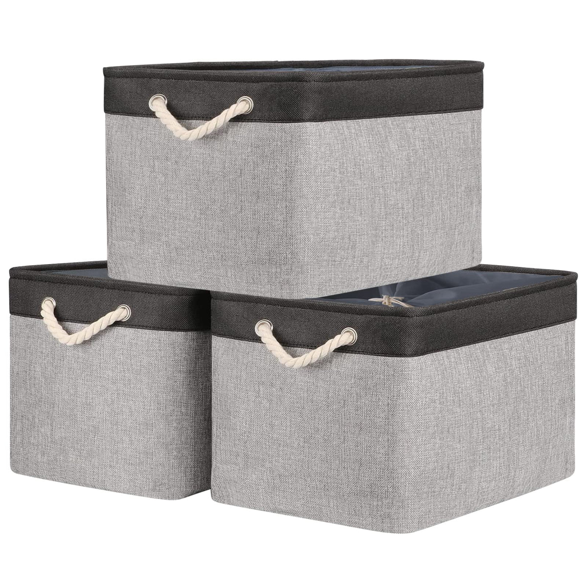 TheWarmHome Storage Basket for Organizing - Medium 3 Pack 14x10x7 inch Fabric Storage Cubes for Shelves with Rope, Collapsible Storage Bin for Organizer Closet Cloth Gift Toy (White & Jean Blue)