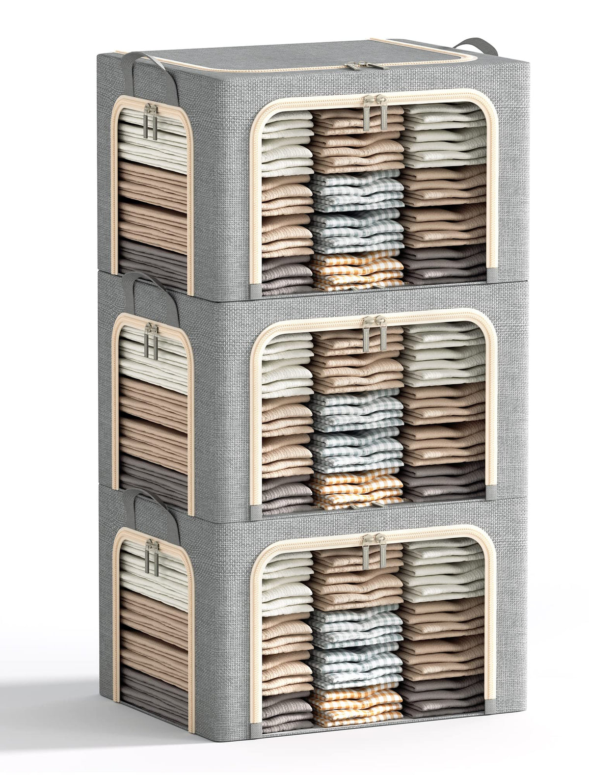 3 Openings Clothes Storage Bins with Metal Frame, Foldable Storage Bin for Clothes, Clothing Storage Bins with Lid, Linen Storage Box With Clear Window＆ Zippers＆ Durable Handles.(3 Pcs,Light Grey,40L)