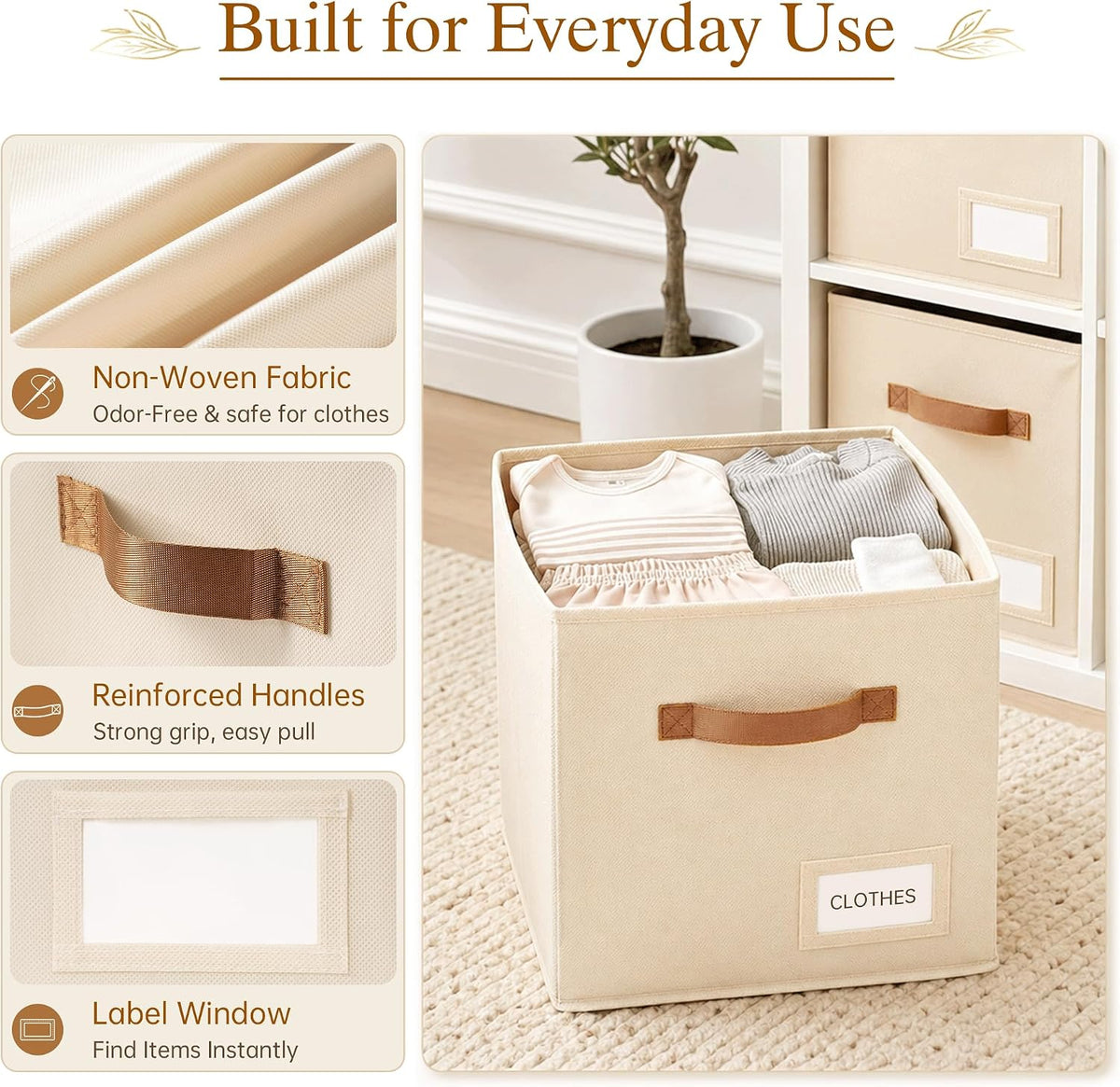 Storage Cubes 8 Pack, 11 Inch Fabric Storage Cubes Organizer Bins with Labels, Odor-Free & Sturdy PP Structure, Cubby Baskets for Closet, Shelves, Toys & Nursery (Beige)