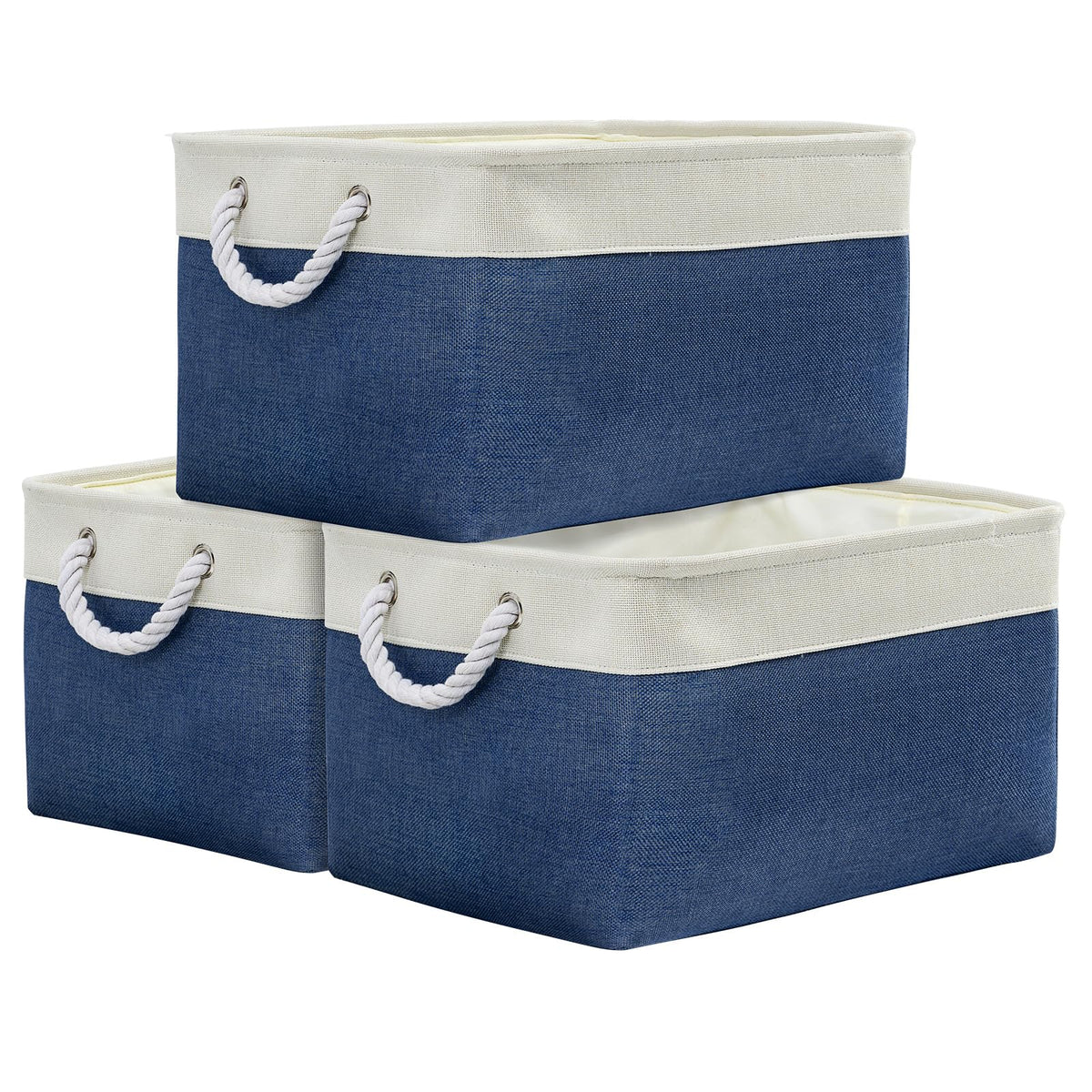 TheWarmHome Storage Basket for Organizing - Medium 3 Pack 14x10x7 inch Fabric Storage Cubes for Shelves with Rope, Collapsible Storage Bin for Organizer Closet Cloth Gift Toy (White & Jean Blue)