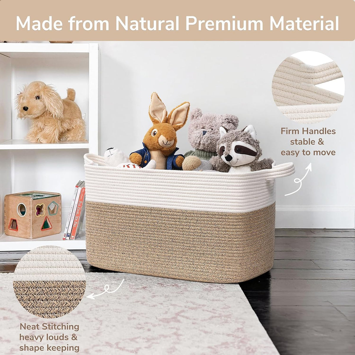 Goodpick Large Woven Rope Blanket Basket, Rectangle, White & Light Brown