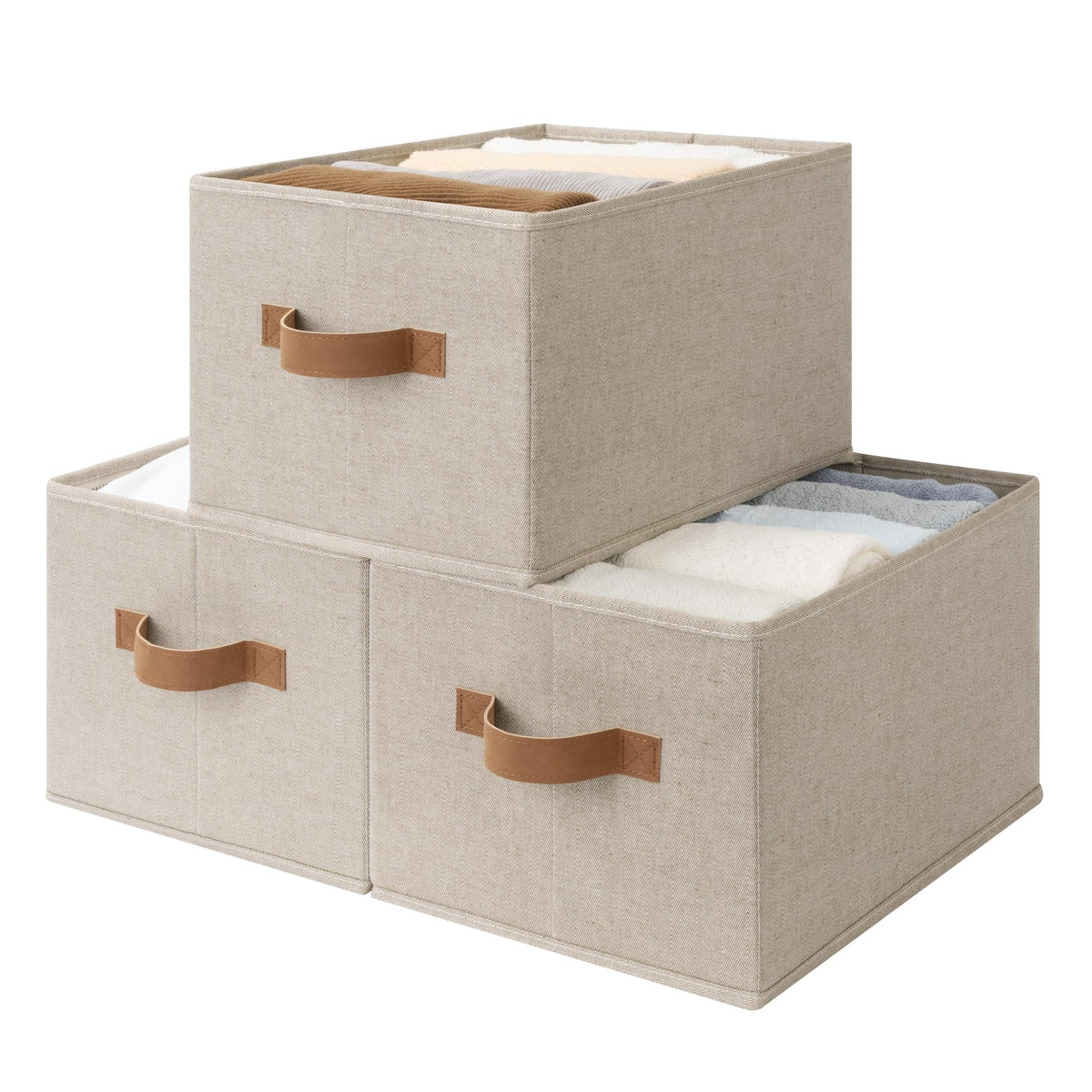 StorageWorks Shelf Organizer Bins, Beige Stripes, 3-Pack, Large