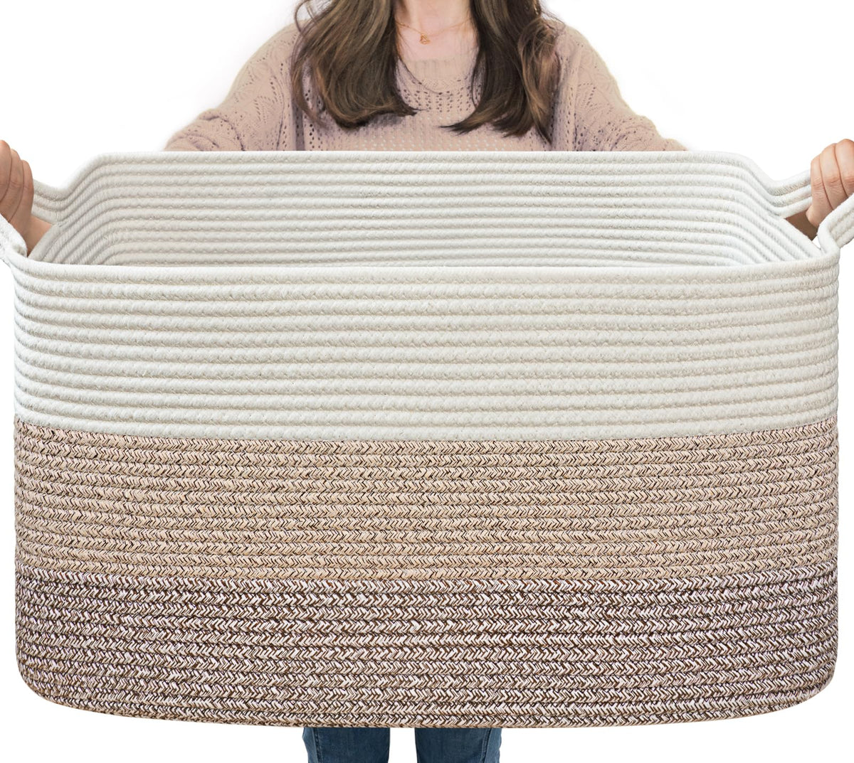 Goodpick Large Woven Rope Blanket Basket, Rectangle, White & Light Brown