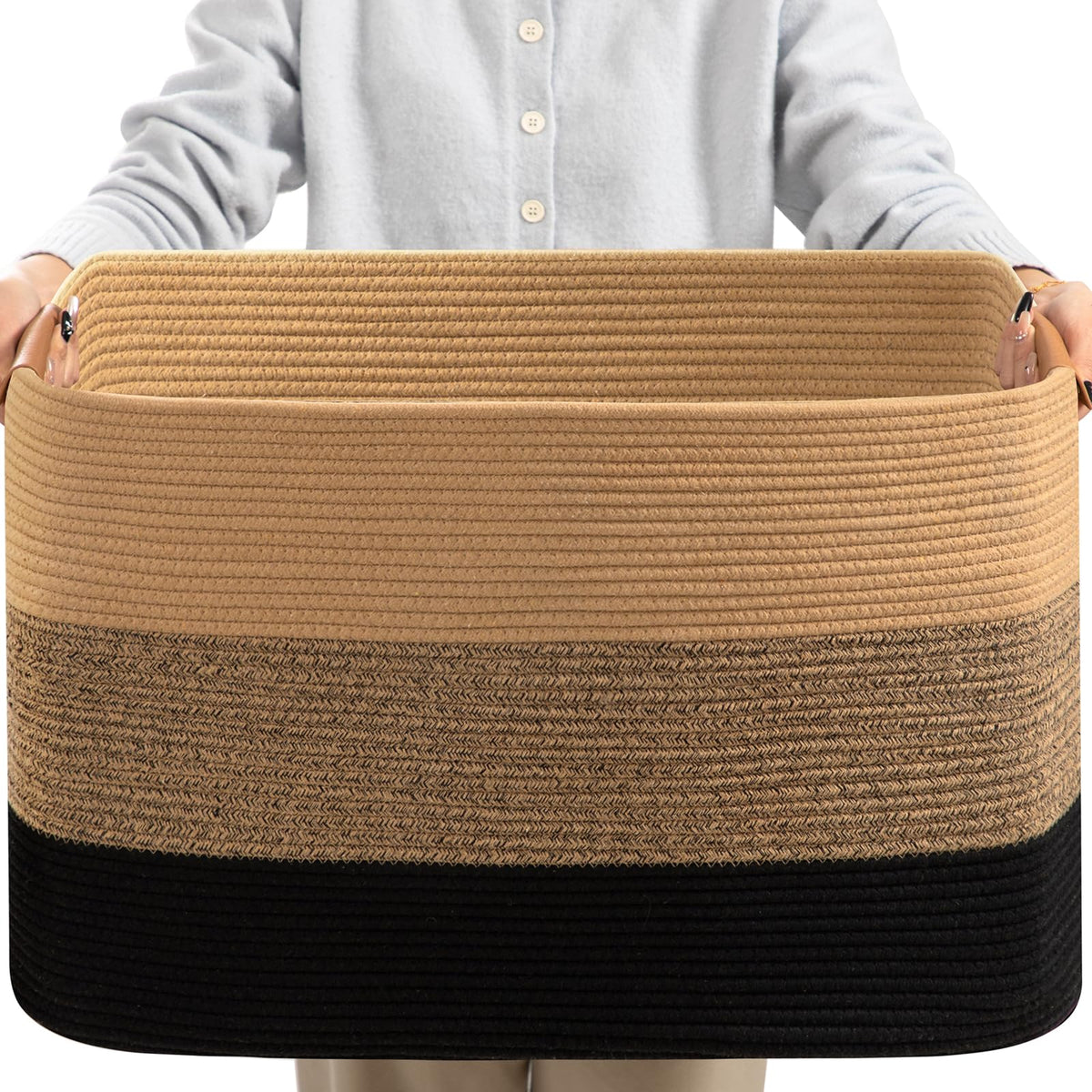 danpinera Blanket Basket, 72L Woven Storage basket with Leather Handle, Eco-friendly Decorative Storage Organization in Bathroom & Living Room for Towels 22 ''*17 ''*11.8 '', Gradient Brown