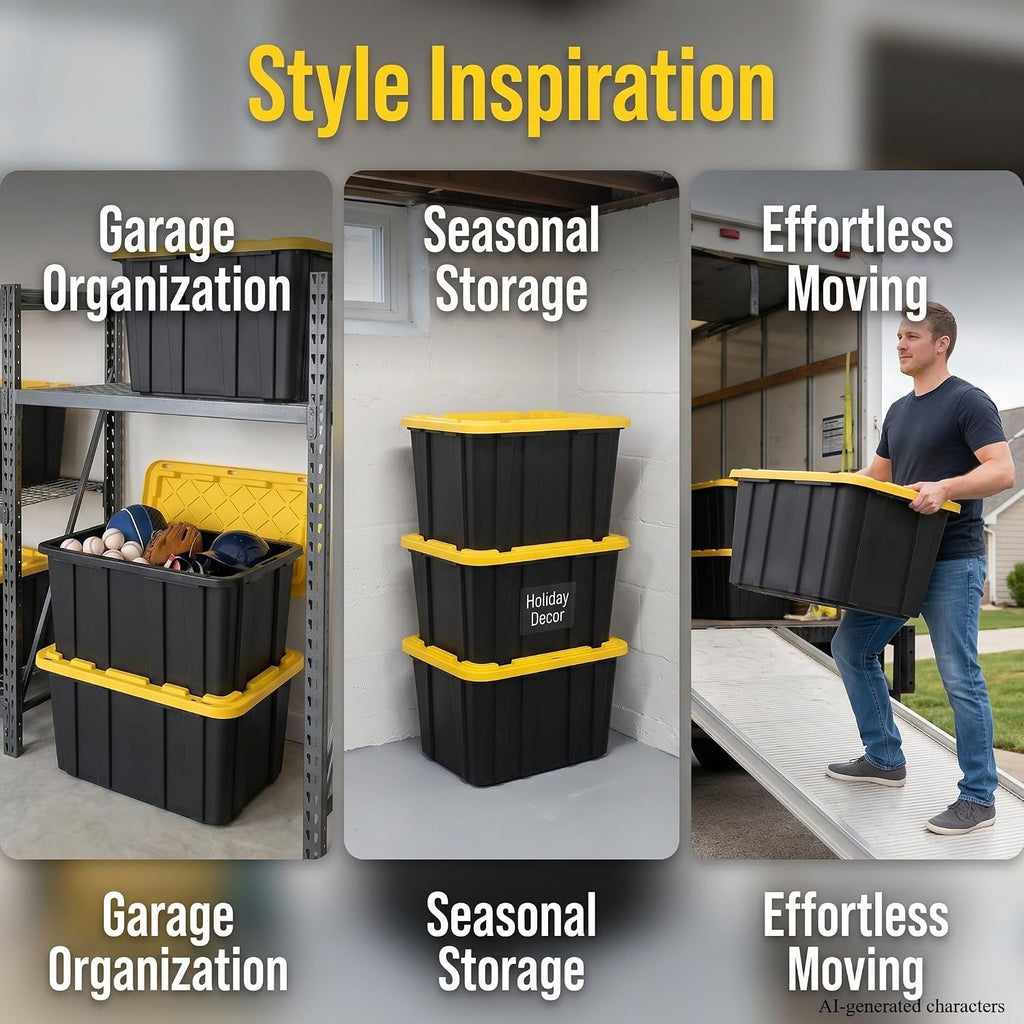 6 Pack 27 Gallon Heavy Duty Storage Bins with Snap Lids, Durable Plastic Storage Totes with Stackable Black Containers & Yellow Latching Covers for Home Garage Moving Organization