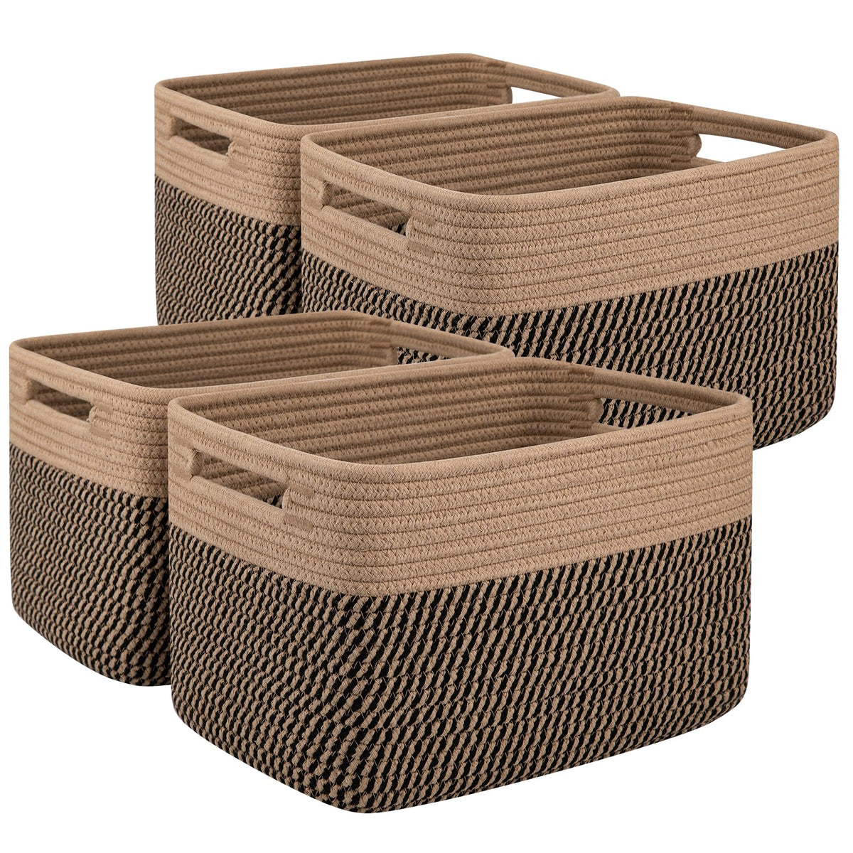 OIAHOMY 4 Pack Storage Basket, 13"x9"x7.8" Cotton Rope Baskets for Shelves, Closet Organizer for Bedroom & Living Room, Soft Decorative Bins for Organizing Towels, Books & Toys, Brown & White