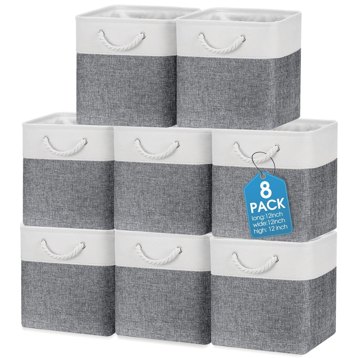 meekoo 8 Pack Fabric Storage Bins Baskets, 15 x 11 x 9.5 in, Gray White