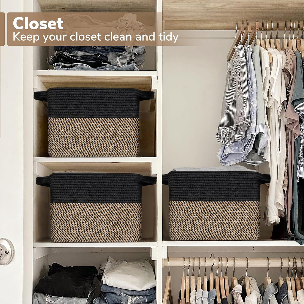 Goodpick Woven Storage Basket for Shelves, 13" x 10" x 9", Black Jute