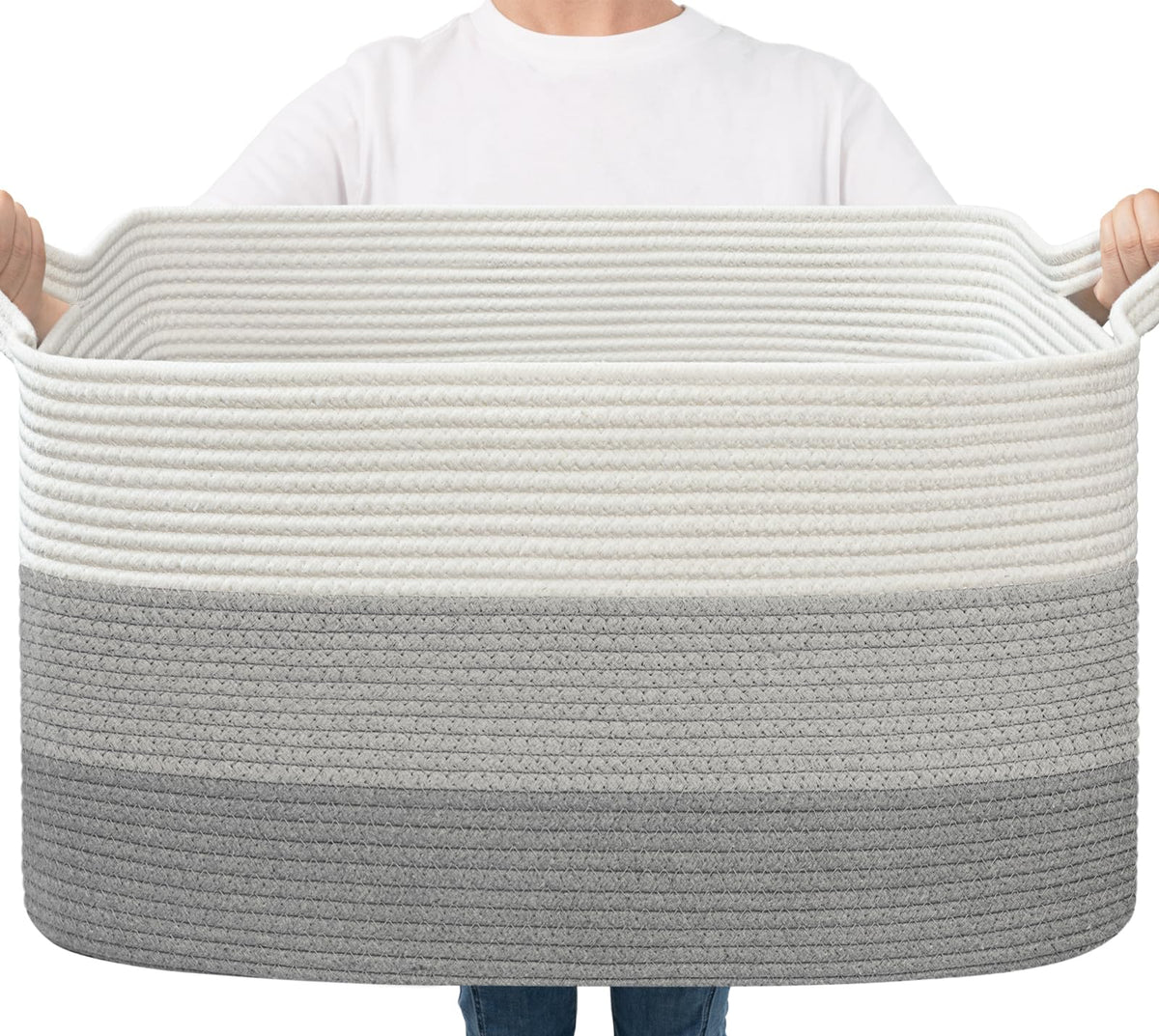 Goodpick Large Woven Rope Blanket Basket, Rectangle, White & Light Brown