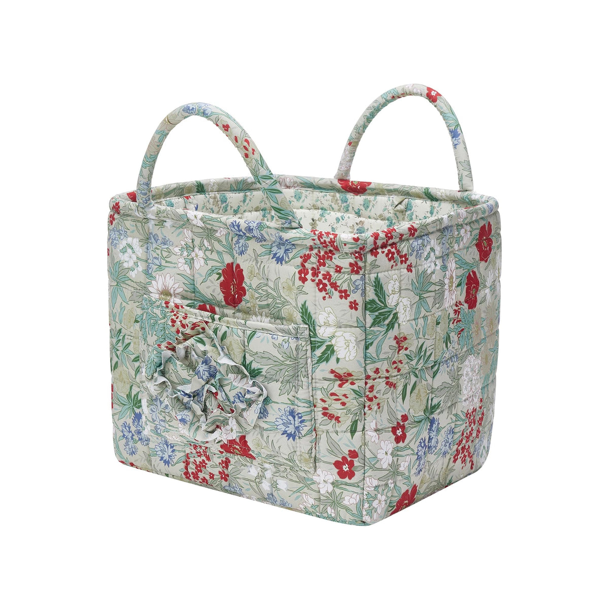 Quilted Fabric Storage Baskets with Handles, Boho Floral Gift Basket Foldable Organizer Bin for Home Decor, Picnic, Travel 12''x10''x10'' (Light Green)