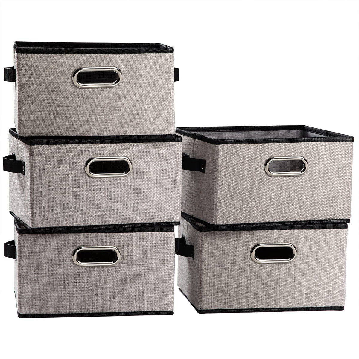 PRANDOM Large Foldable Storage Bins for Shelves [3-pack] Decorative Linen Fabric Storage Baskets Cubes with Leather/Metal Handles for Closet Nursery Office Grey and Black Trim (14.9x9.8x8.3 Inch)