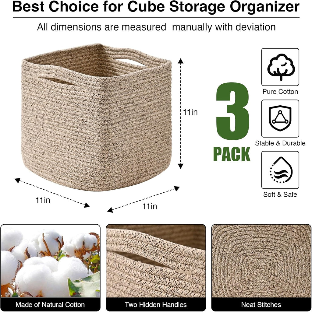ICERZCZ 11 Inch Cube Storage Bins, Woven Baskets, Mixed Brown, Pack of 3