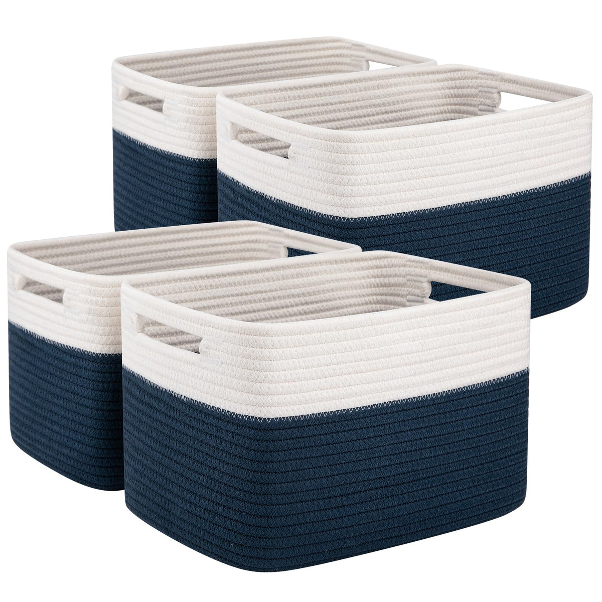 OIAHOMY 4 Pack Storage Basket, 13"x9"x7.8" Cotton Rope Baskets for Shelves, Closet Organizer for Bedroom & Living Room, Soft Decorative Bins for Organizing Towels, Books & Toys, Brown & White