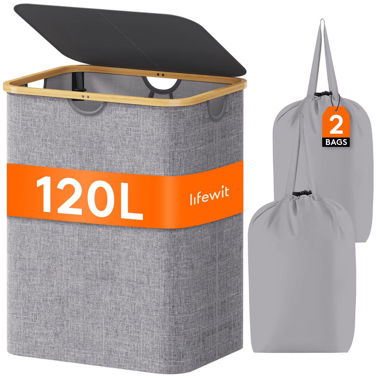 Lifewit 105L Large Laundry Basket with Lid, Removable Bags, Beige