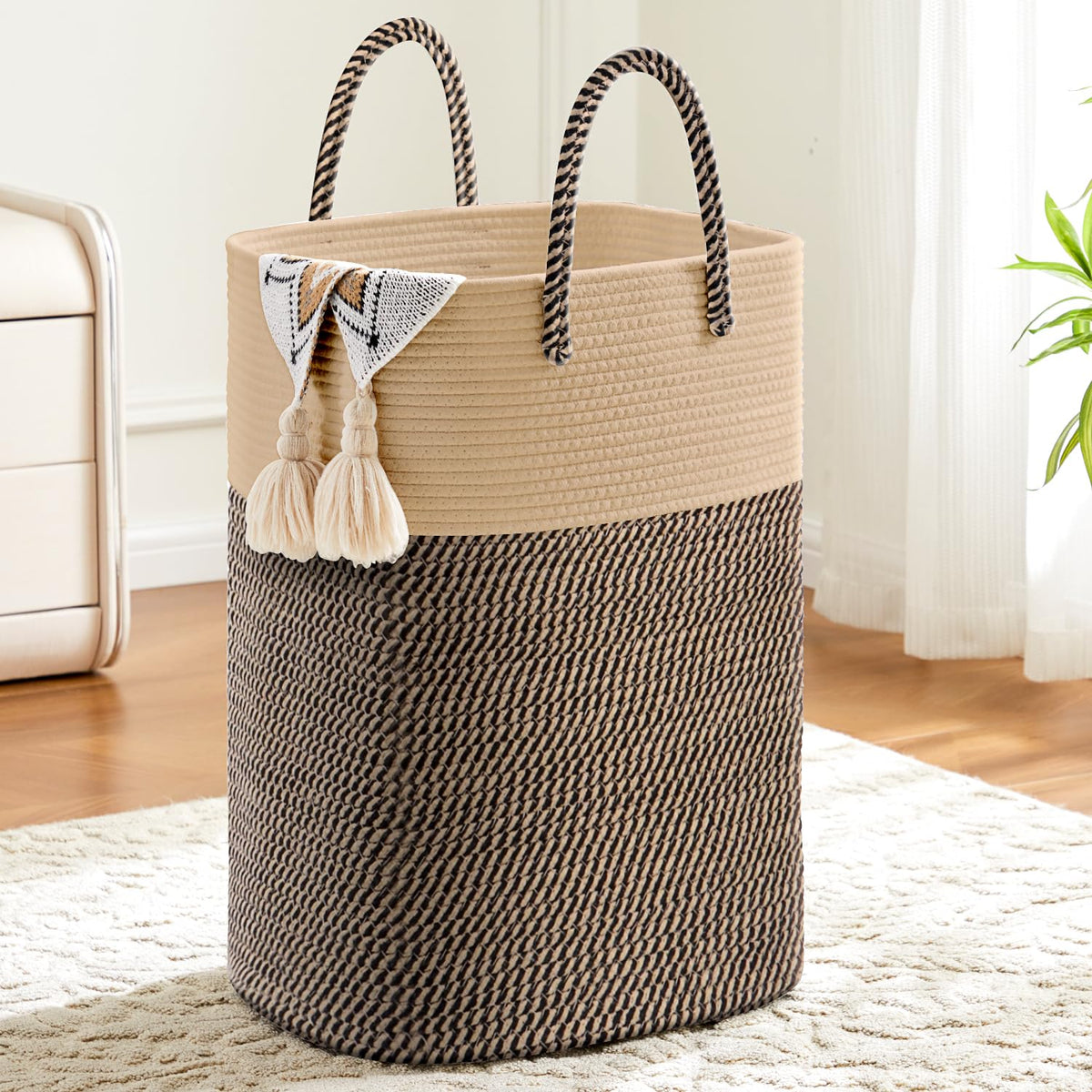 Laundry Basket,Woven Cotton Rope Laundry Hamper,Versatile Storage for Dirty Clothes,Baby Toys,and Blankets in Bathroom, Nursery,and Living Room (Brown, 60L)