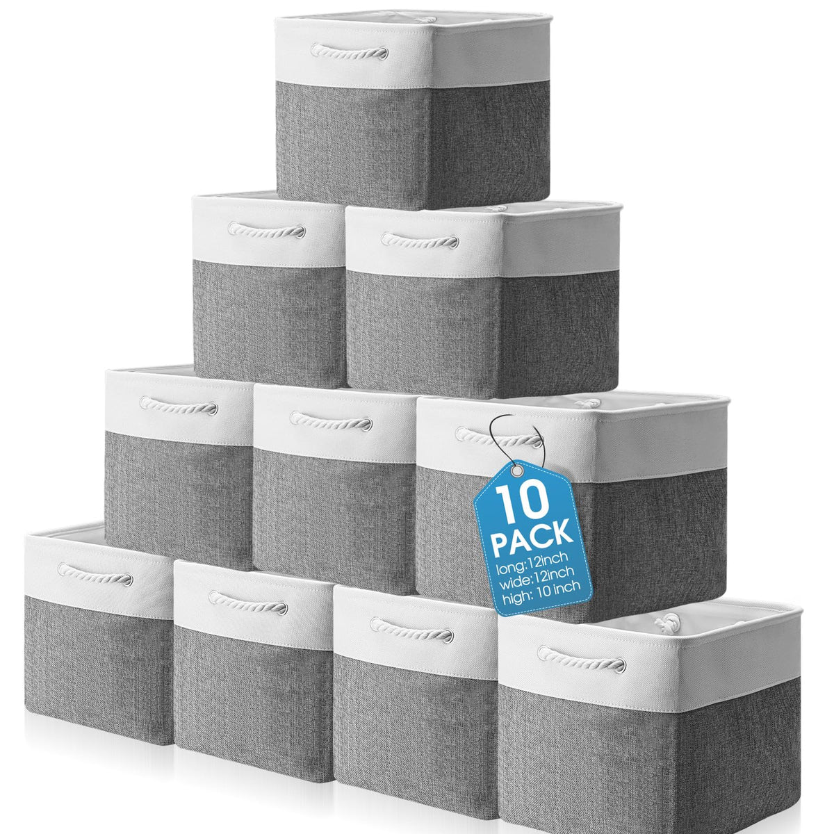 FoldTier 10 Pack Large Collapsible Fabric Storage Baskets with Handles Decorative Storage Bins for Organizing Shelves Toys Clothes(White & Beige,16 x 12 x 10 Inches)