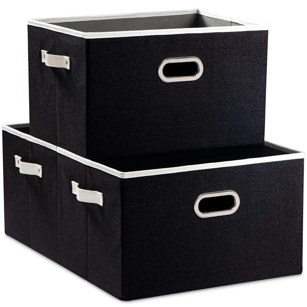PRANDOM Large Foldable Storage Bins for Shelves [3-pack] Decorative Linen Fabric Storage Baskets Cubes with Leather/Metal Handles for Closet Nursery Office Grey and Black Trim (14.9x9.8x8.3 Inch)