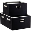 PRANDOM Large Foldable Storage Bins for Shelves [3-pack] Decorative Linen Fabric Storage Baskets Cubes with Leather/Metal Handles for Closet Nursery Office Grey and Black Trim (14.9x9.8x8.3 Inch)