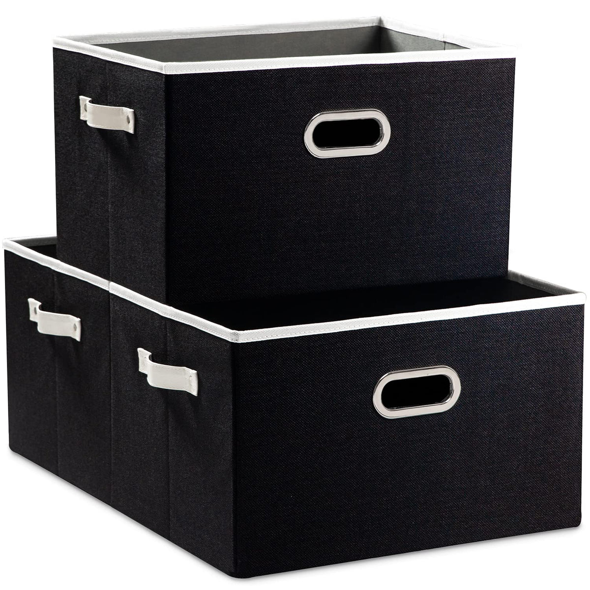 PRANDOM Large Foldable Storage Bins for Shelves [3-pack] Decorative Linen Fabric Storage Baskets Cubes with Leather/Metal Handles for Closet Nursery Office Grey and Black Trim (14.9x9.8x8.3 Inch)