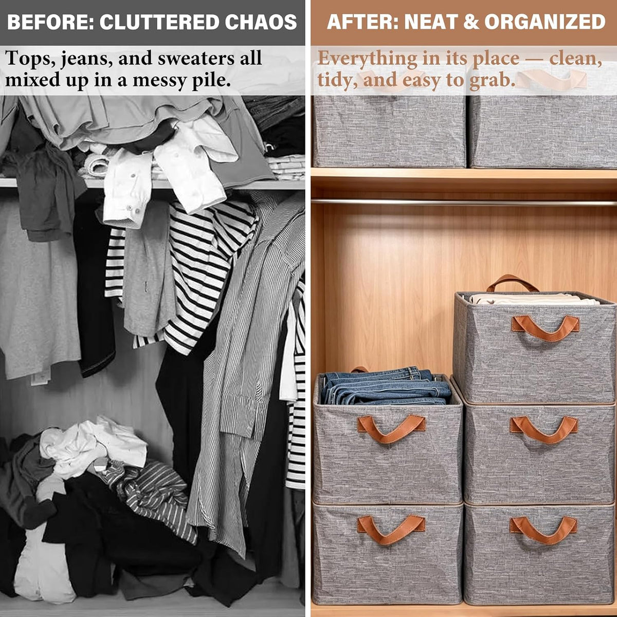 Decorwell 4 Pack Large Capacity Storage Bins Closet Organizer for Shelves - Foldable Fabric Storage Baskets Boxes with Handles for Organizing Clothes, Toys, Books, Sheets, Jeans (Gray)