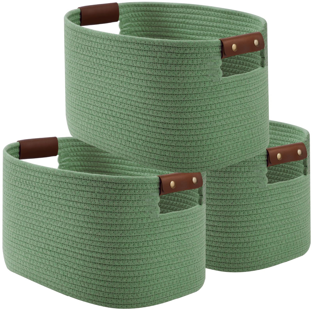 ECDYQXVU 15x10x9 Woven Cotton Rope Storage Basket, Leather Handles 1 Pack