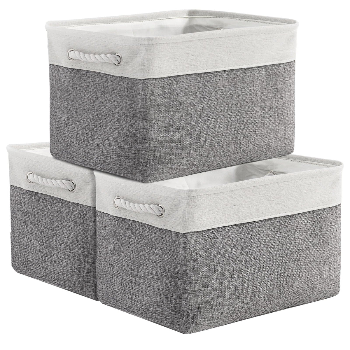 TheWarmHome Storage Basket for Organizing - Medium 3 Pack 14x10x7 inch Fabric Storage Cubes for Shelves with Rope, Collapsible Storage Bin for Organizer Closet Cloth Gift Toy (White & Jean Blue)